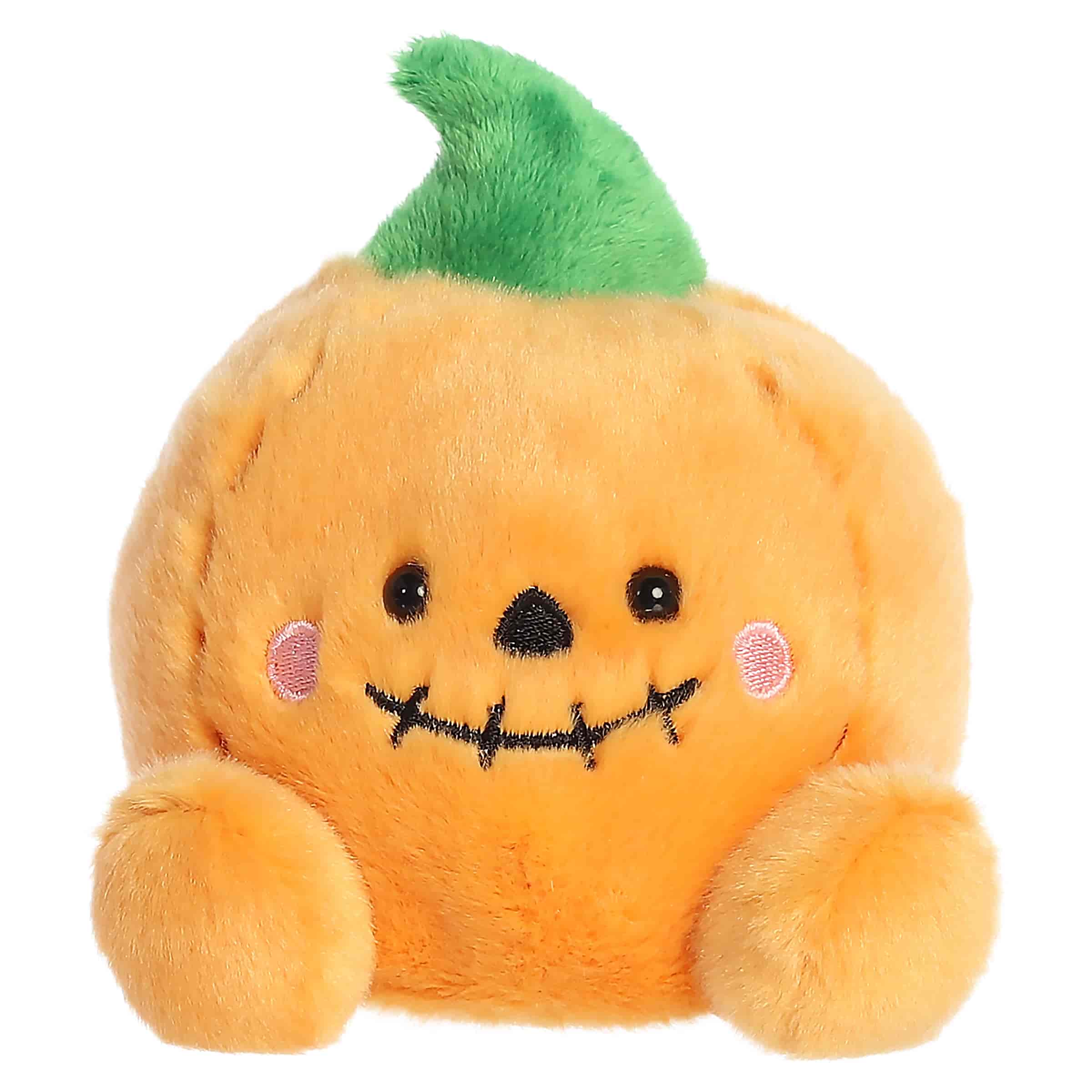 Orange jack-o'-lantern plush with a stitched smile and spooky face