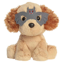 Tan spaniel plush with floppy ears and a black felt bat mask