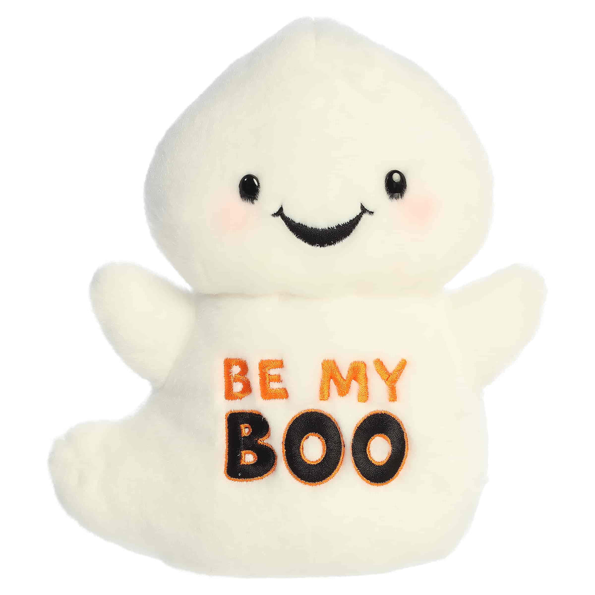 White ghost plush with a smiling face and Be My Boo message