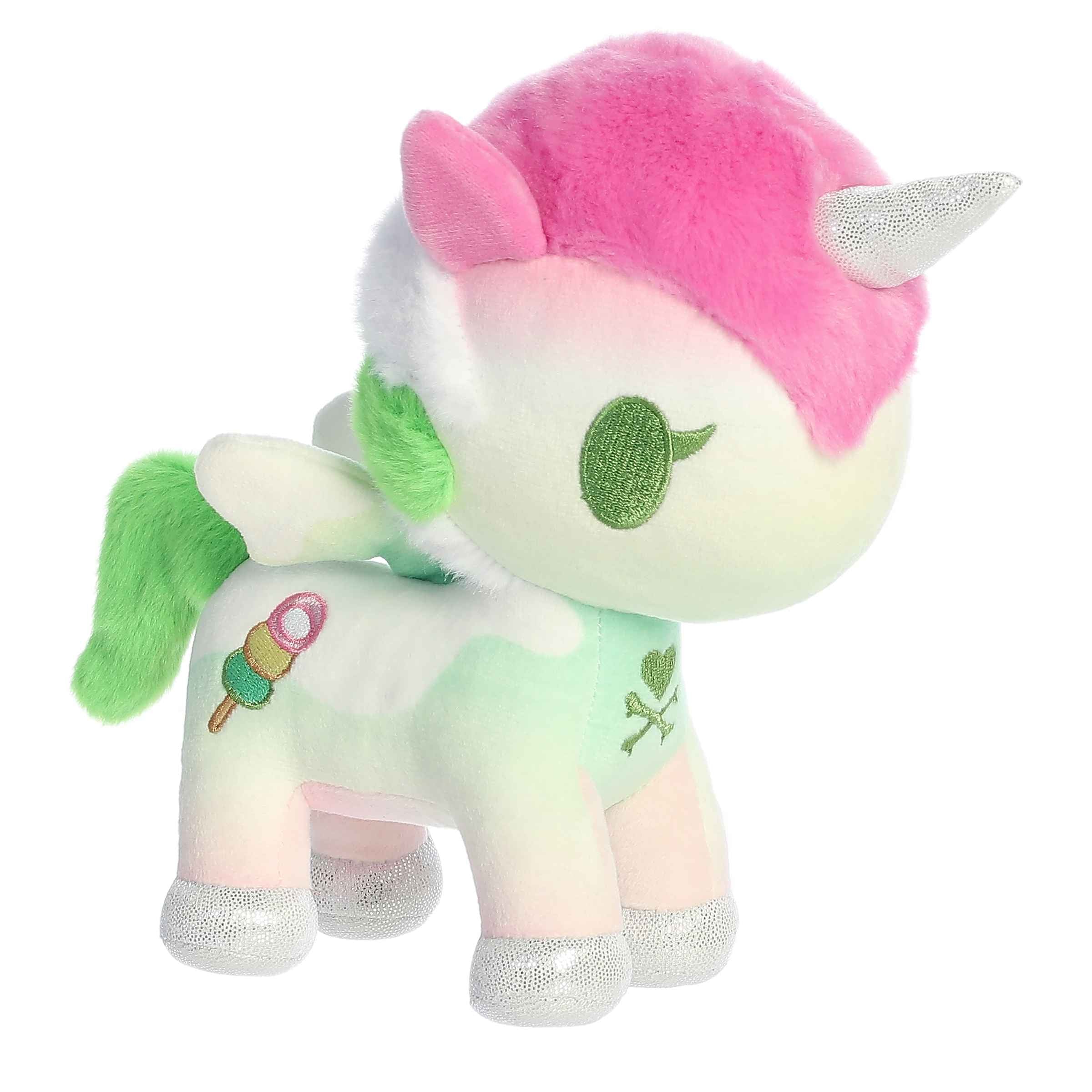 Mochi Ice Cream Unicorno plush from tokidoki by Aurora, green and pink unicorn, with ice cream mark, adorable and soft