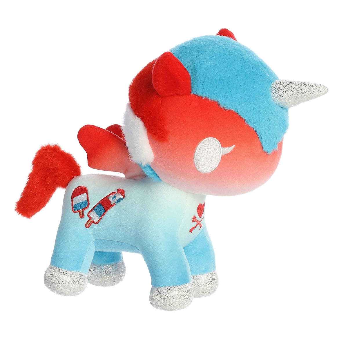 Summer-Cicle Unicorno plush from tokidoki by Aurora, blue with red and white unicorn mane, popsicle-inspired, cheerful