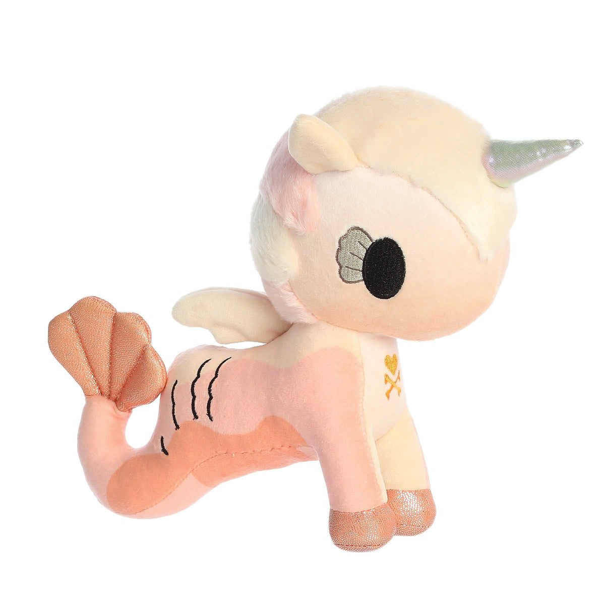 tokidoki Searena Mermicorno plush with pink tailfin and body, topped with a sparkling silver horn, ready to enchant.