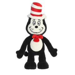 A playful Cat in the Hat armature that is the iconic black and white character with a red and white top hat and red bow tie.