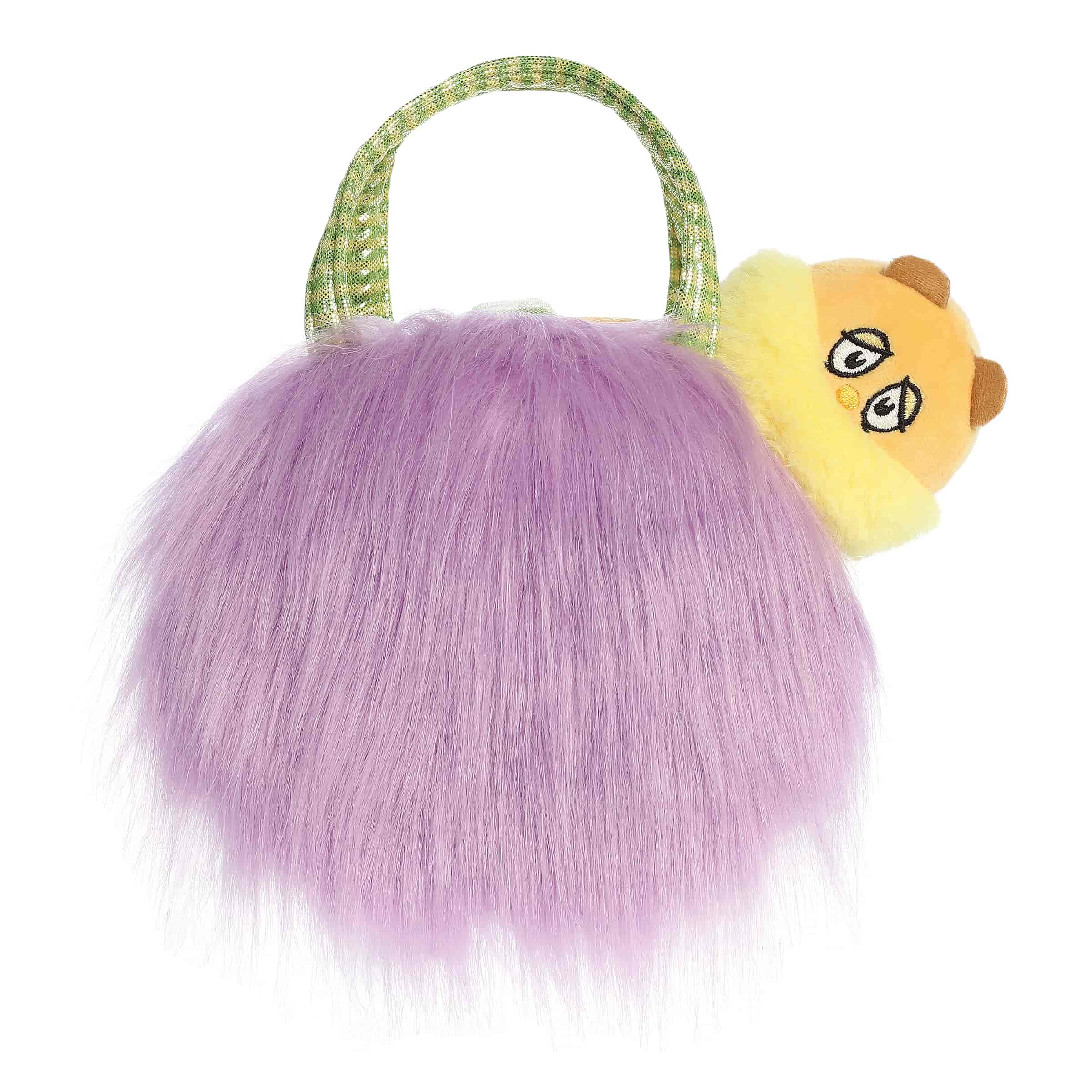 A plush Lorax inside a fuzzy purple Truffula Tree–inspired purse from Dr. Seuss x Aurora