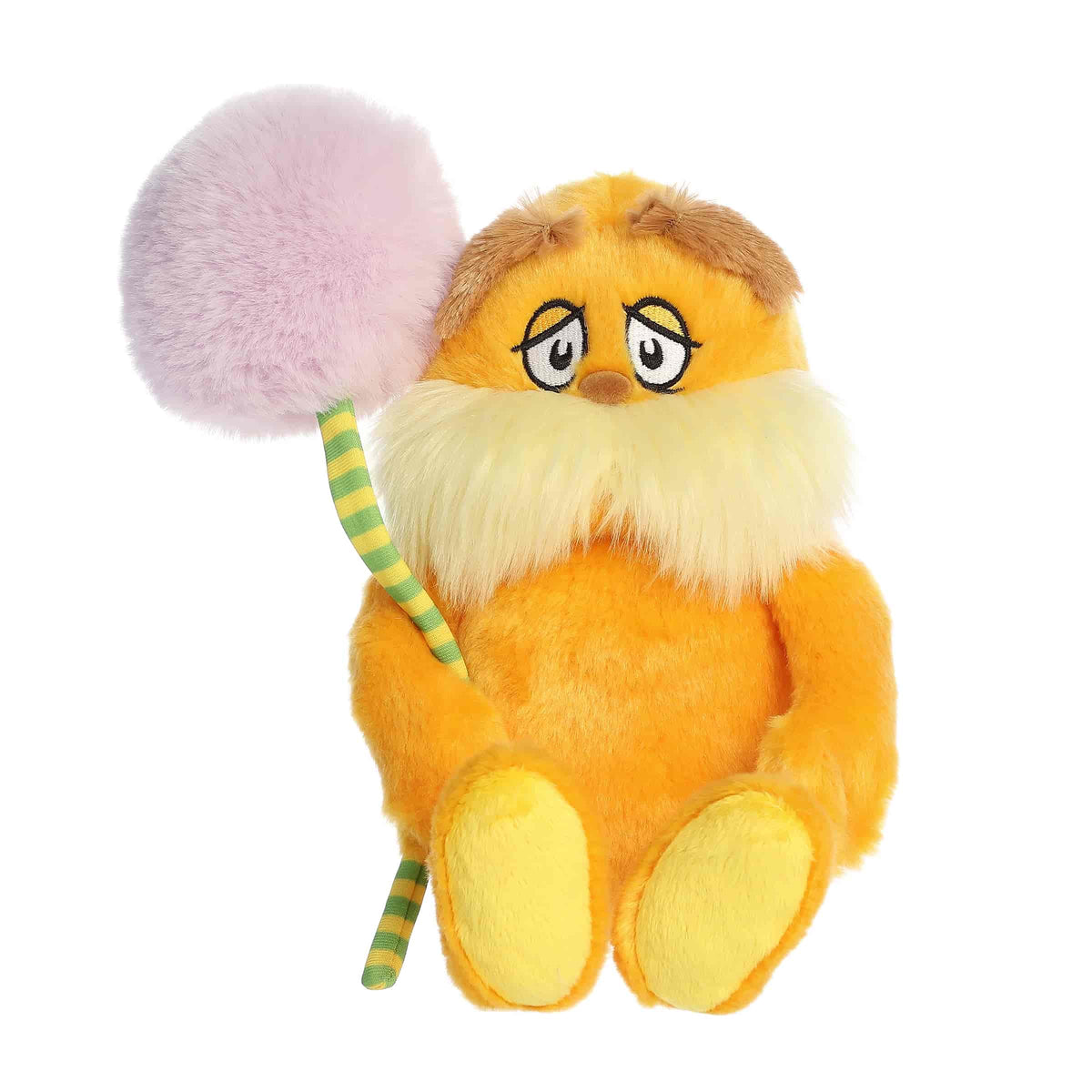 A plush Lorax holding a colorful Truffula Tree flower from Dr. Seuss x Aurora plush.
