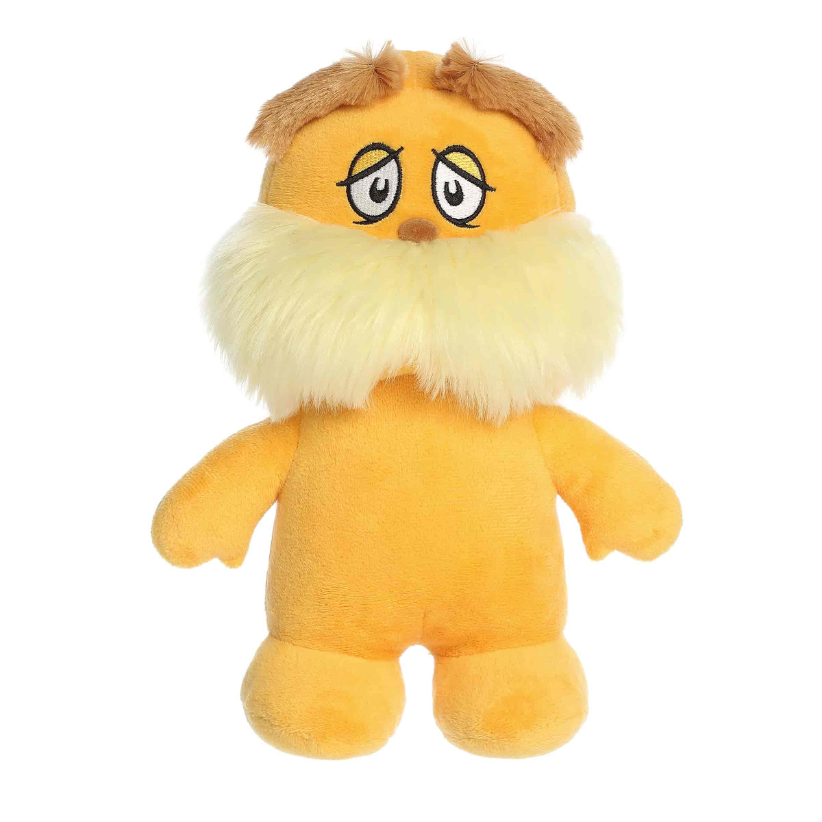 A golden-orange Lorax plush with a yellow mustache and bean-filled body from Dr. Seuss x Aurora.