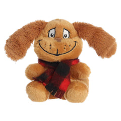 Brown Max plush with floppy ears and a red plaid scarf