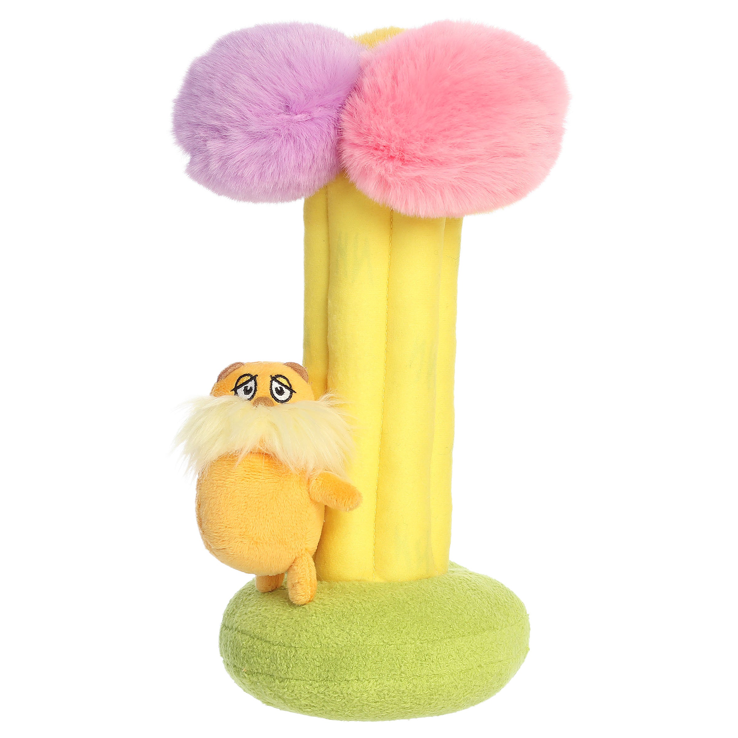 A Lorax plush climbing a colorful Truffula Tree from Aurora’s officially licensed Dr. Seuss collection.