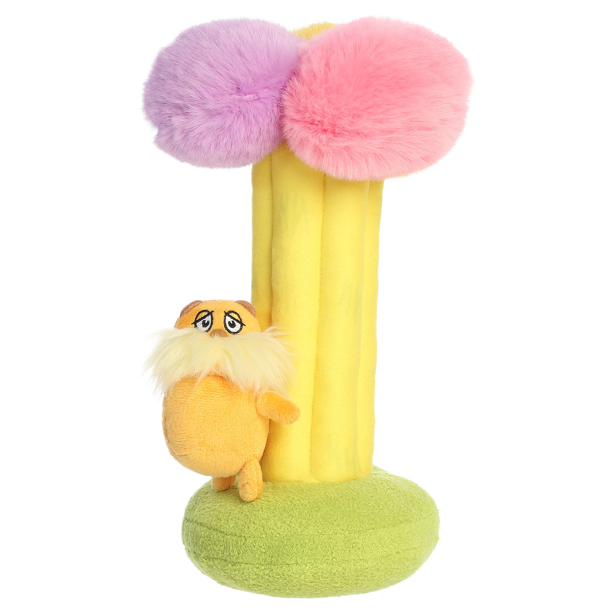 A Lorax plush climbing a colorful Truffula Tree from Aurora’s officially licensed Dr. Seuss collection.
