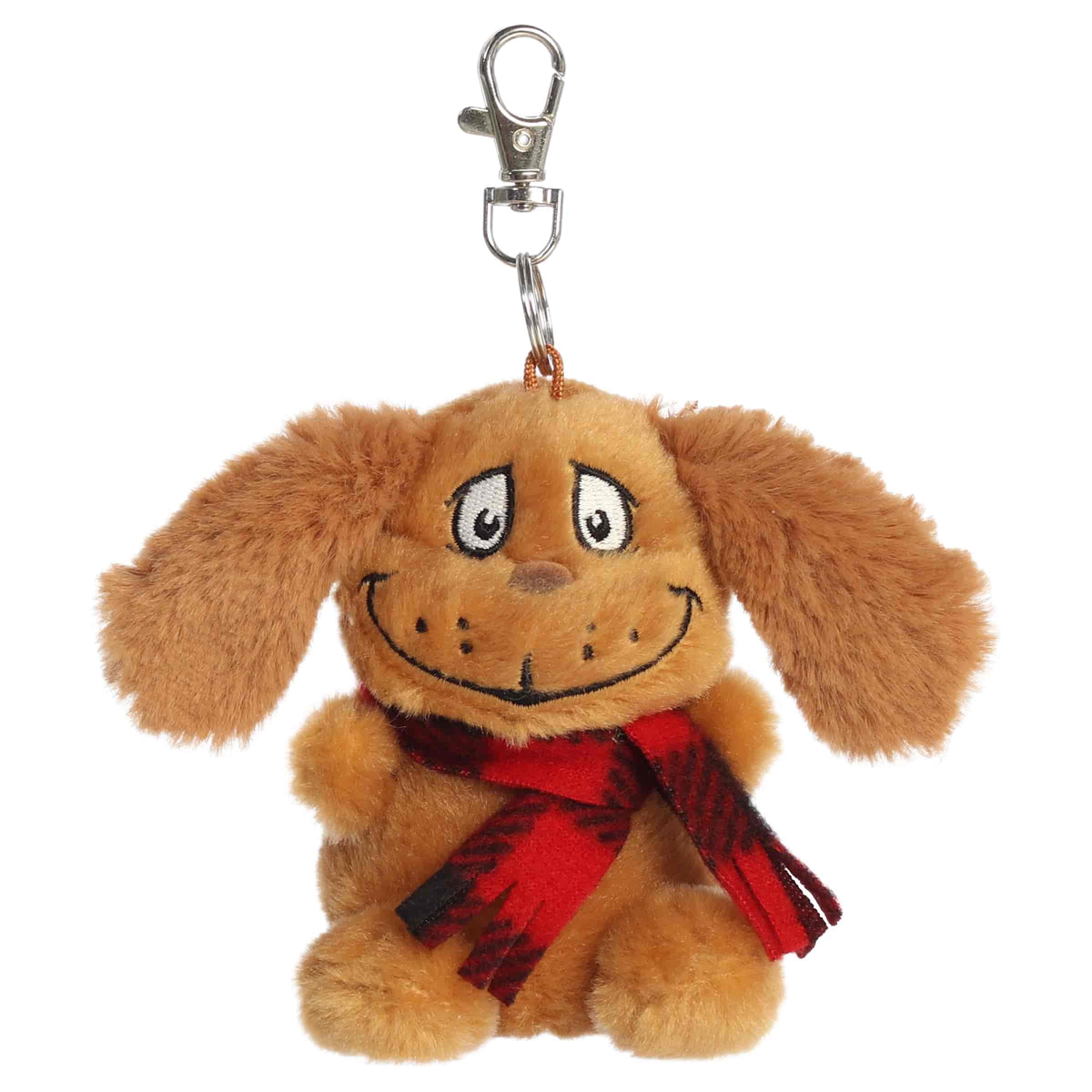 Max with a Scarf Clip-On plush with soft brown fur, floppy ears, cheerful face, red scarf, and clip attachment