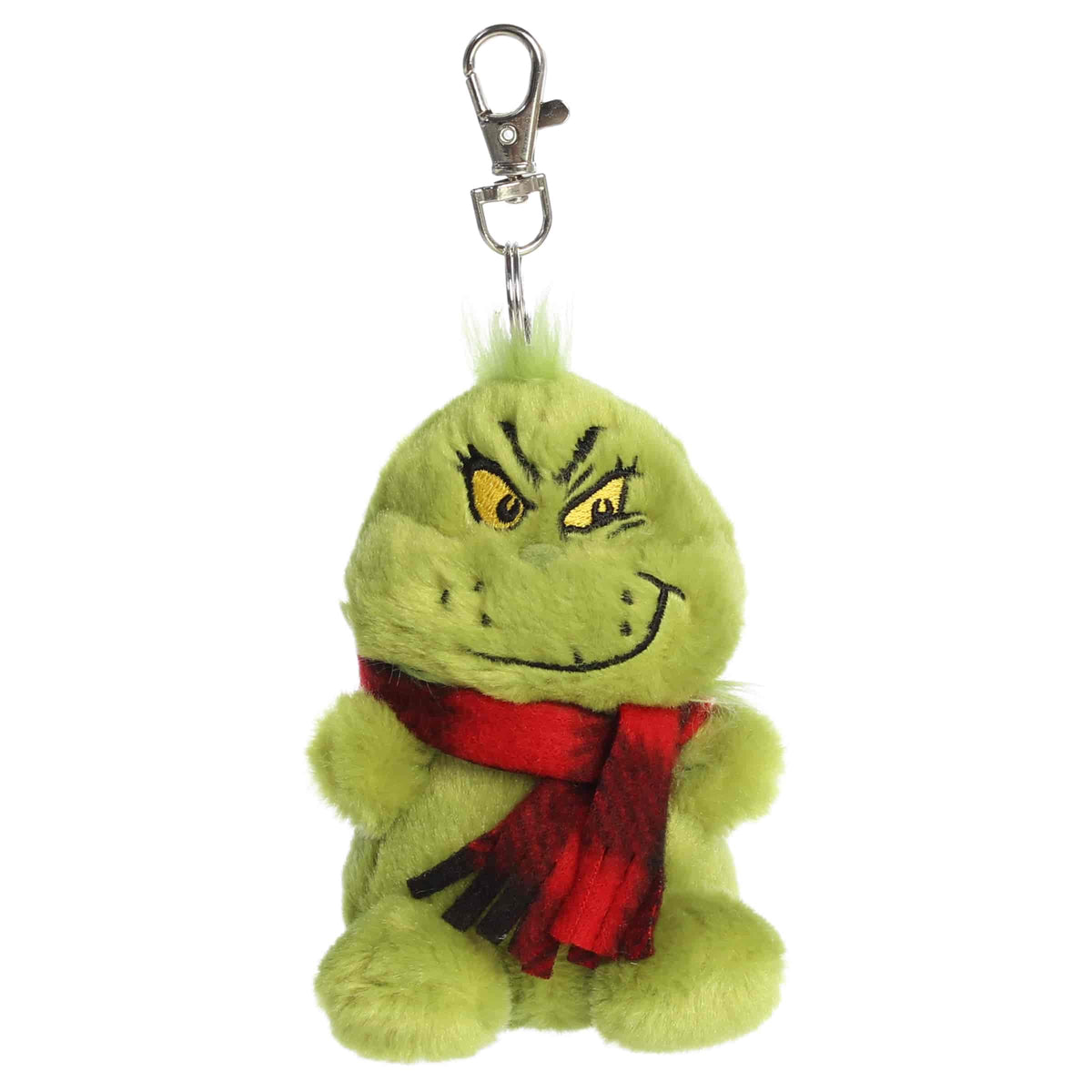 Grinch with a Scarf Clip-On plush with soft green fur, grumpy-cute face, red scarf, and clip attachment