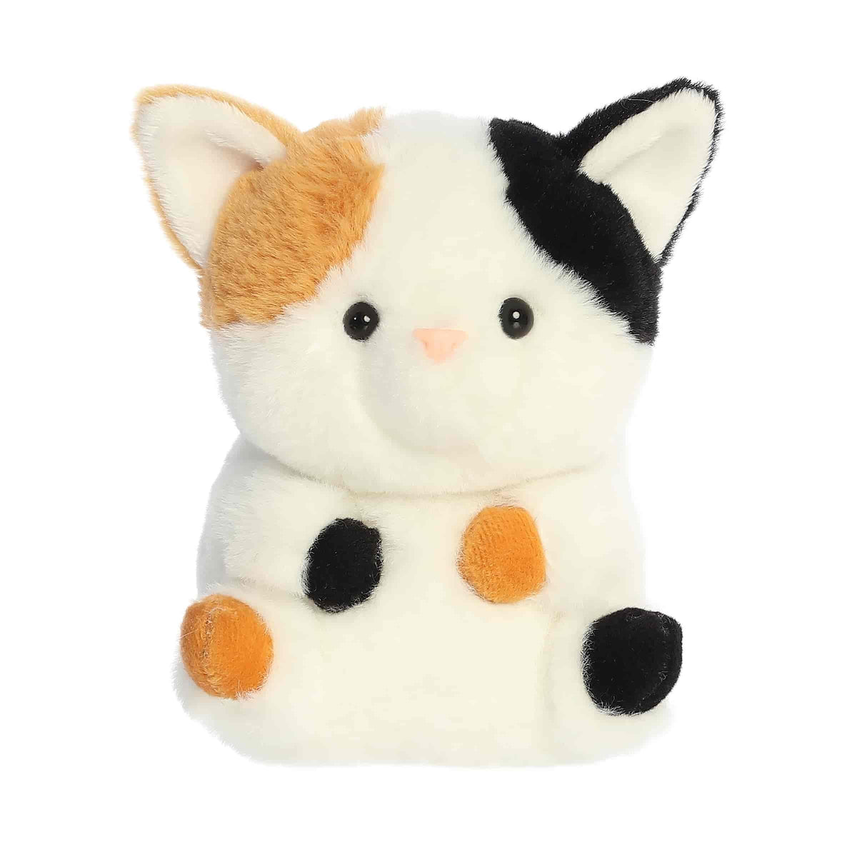 A soft white plush calico cat with orange and black patches from Rolly Pets by Aurora.