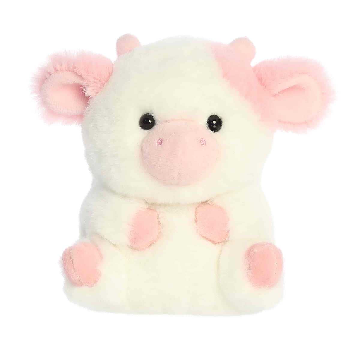 A soft white plush cow with pink accents and a round body from Rolly Pets by Aurora.