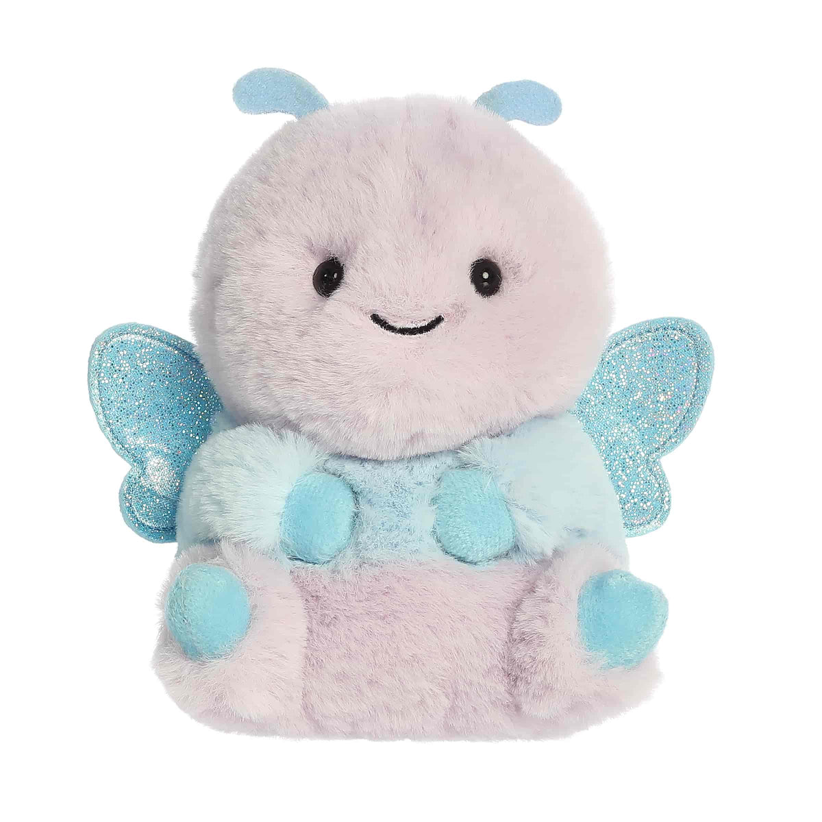 A soft lavender plush butterfly with bright blue wings and a round body from Rolly Pets by Aurora