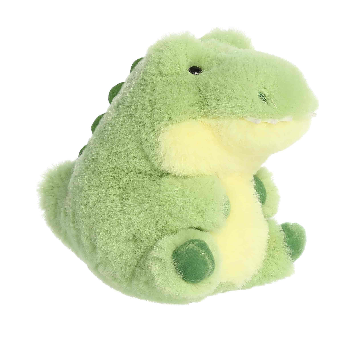 A soft green plush alligator with a yellow belly and round body from Rolly Pet by Aurora.