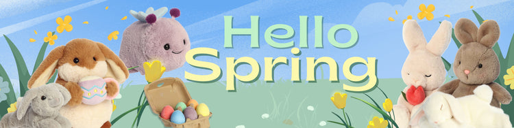 Plush toys from Aurora's Spring collection on a spring-themed background with text saying Hello Spring.