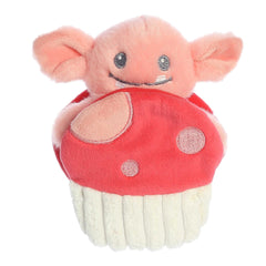 Interactive mini peach Goblin plush rattle toy with smiling face sitting inside a crinkly red and white mushroom pocket