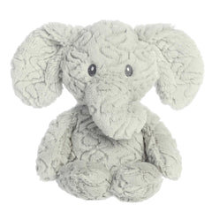 Soft grey elephant plush with friendly blue eyes and textured fabric, crafted for tactile exploration, by Aurora plush.