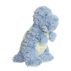 Adorable blue Theo T-Rex plush, designed with child safety and sensory development in mind, great for kids.