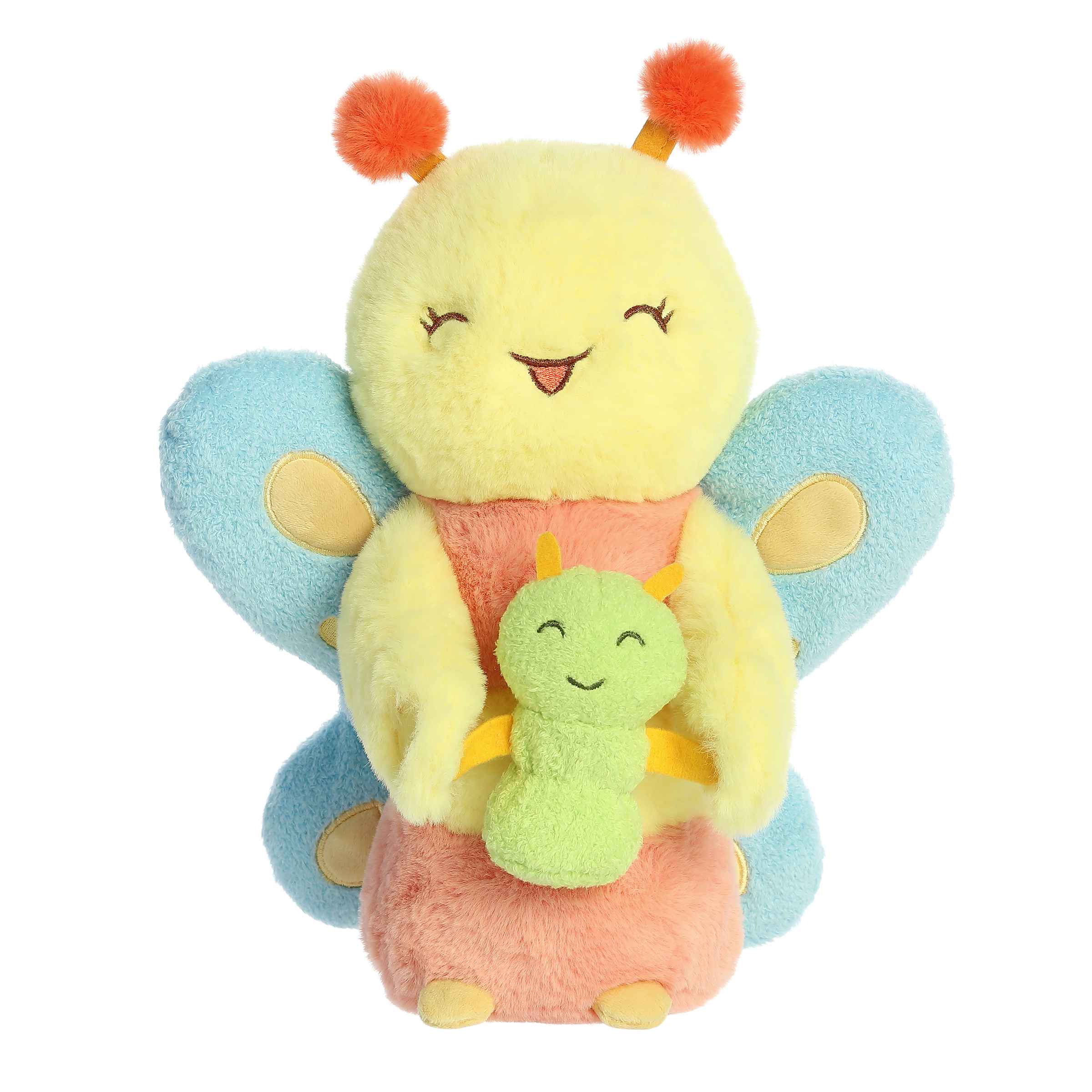 Vibrant and soft Mari Butterfly & Posy Caterpillar plushies, a butterfly plush holding its baby caterpillar