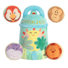 My Safari Cookie Jar plush set with a squeaky parrot, a crinkle monkey, a roar-sound lion, and a rattle hippo.