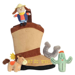 Interactive My Old West plush set in a cowboy boot, ideal for engaging babies with textures and sounds.