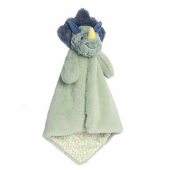 Traci Triceratops Luvster, an aqua-blue plush blanket with a dinosaur design, crafted for gentle, comforting embraces