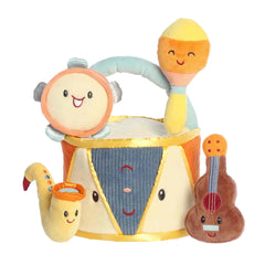 A colorful plush drum with four soft instruments inside from Baby Talk by ebba.
