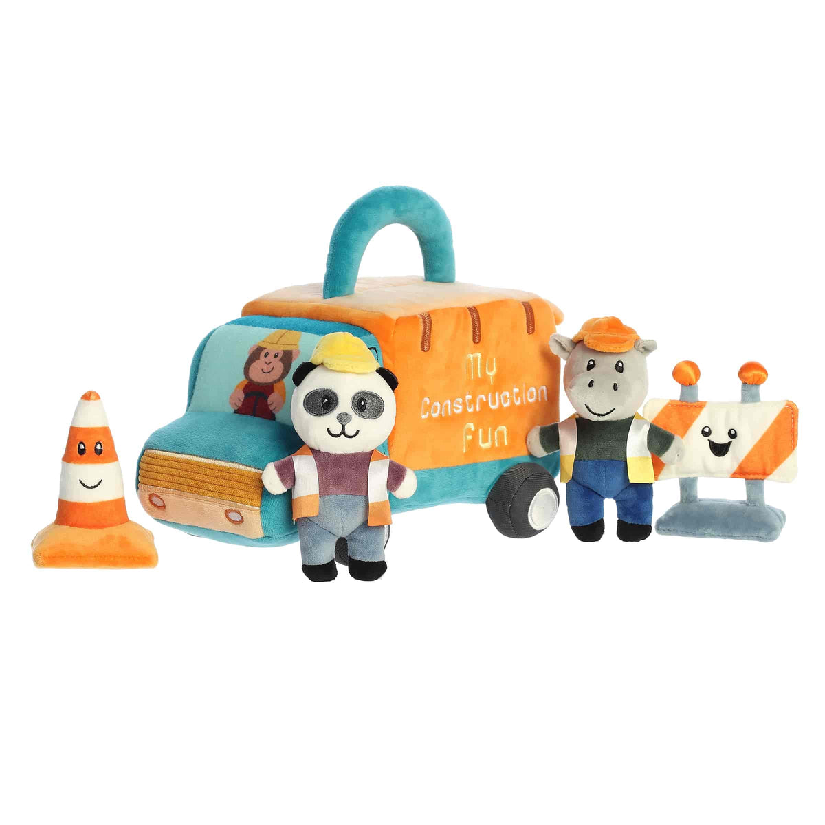 A soft plush construction truck with four themed toys inside from Baby Talk by ebba.