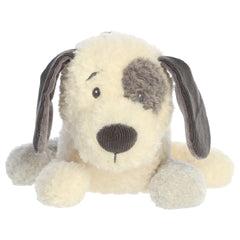 A puppy plush toy from ebba with varied textures, embroidered eyes, and a retro-inspired design.