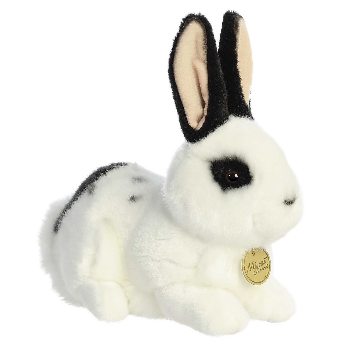 Miyoni Black and White Rex Rabbit Plush, soft white fur with black patterns, eco-friendly, embodies charming elegance.