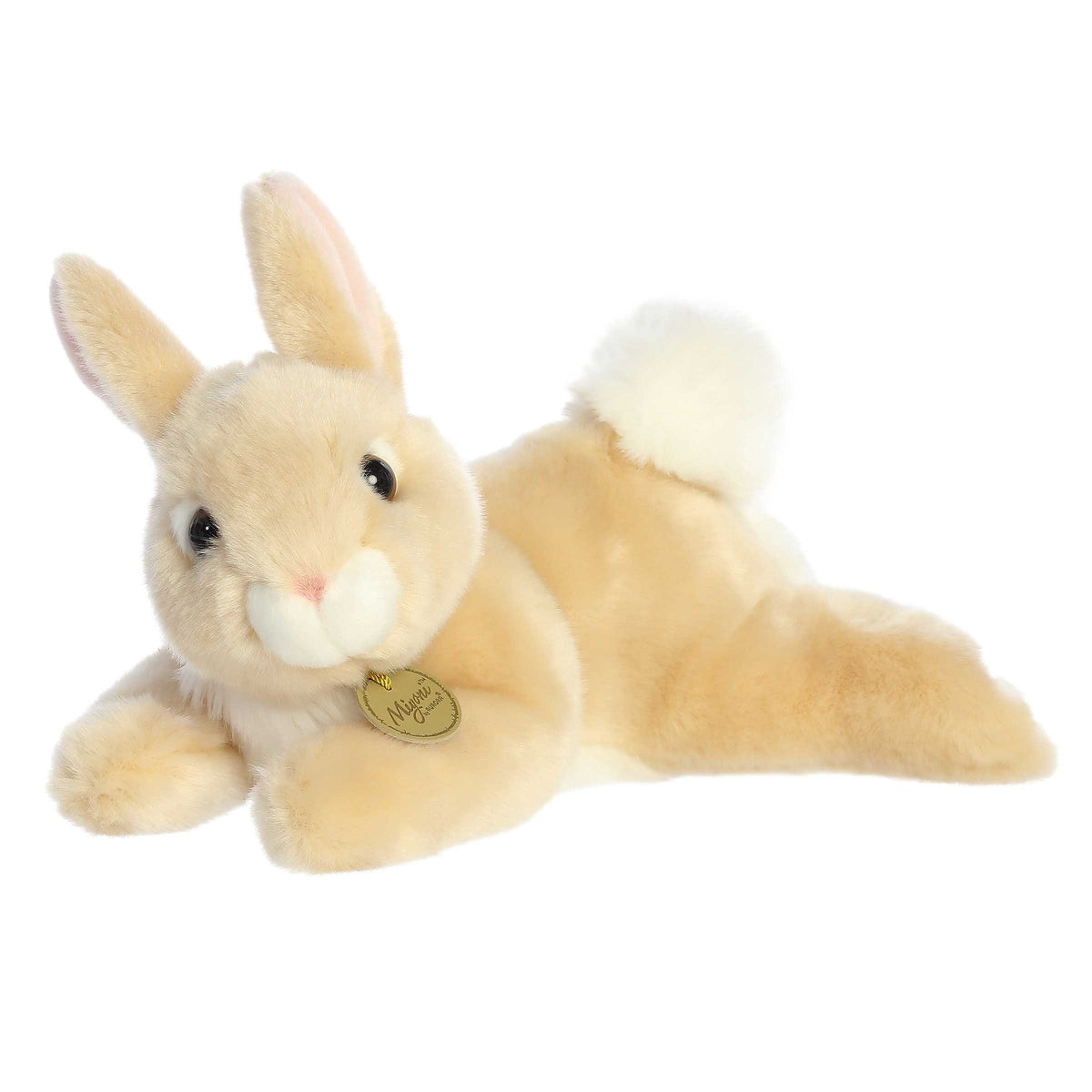 Miyoni Resting Bunny plush in light brown fur with realistic features and soft fur, perfect for collectors.