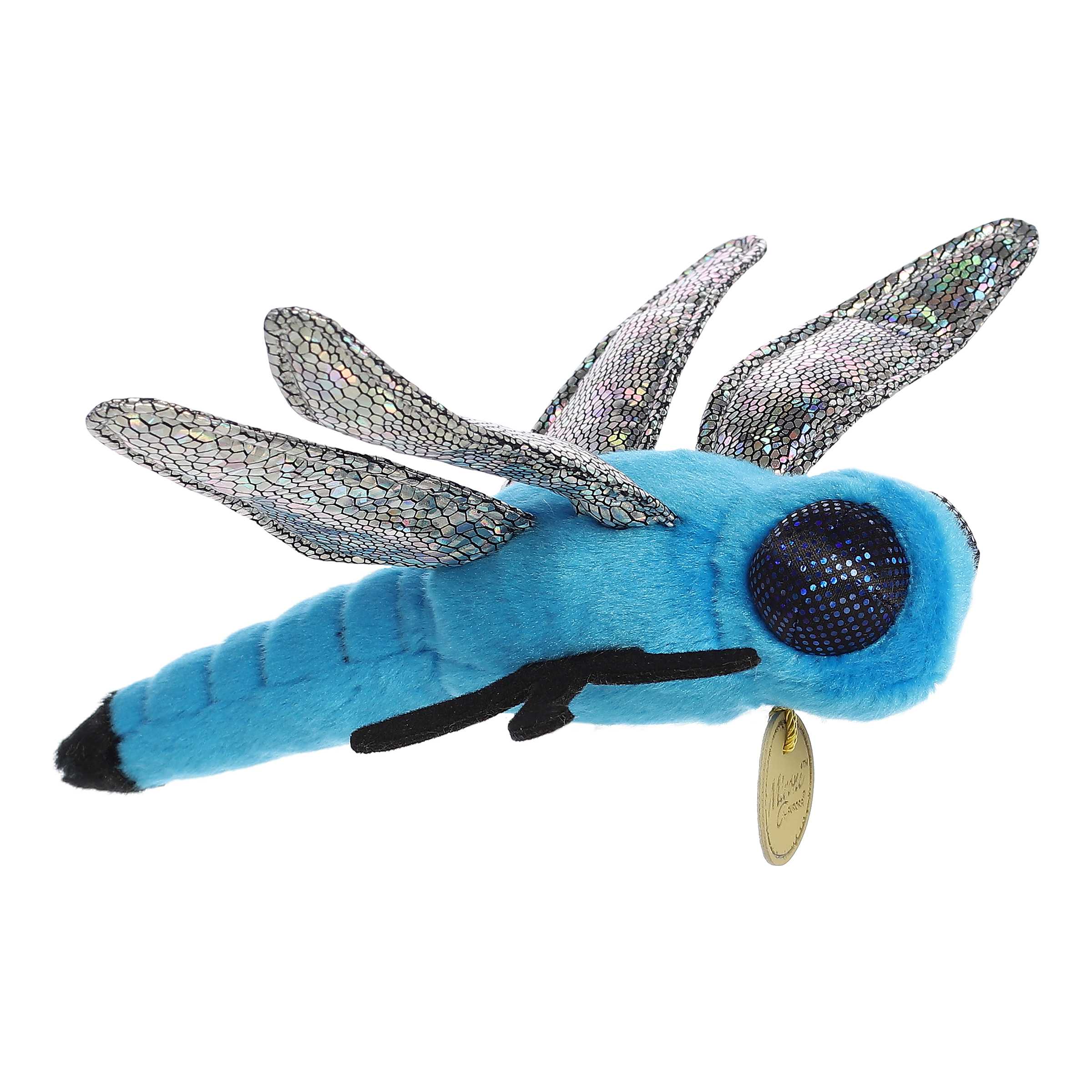 Miyoni Blue Dasher Dragonfly plush, showcasing detailed iridescent blue wings and eco-friendly design