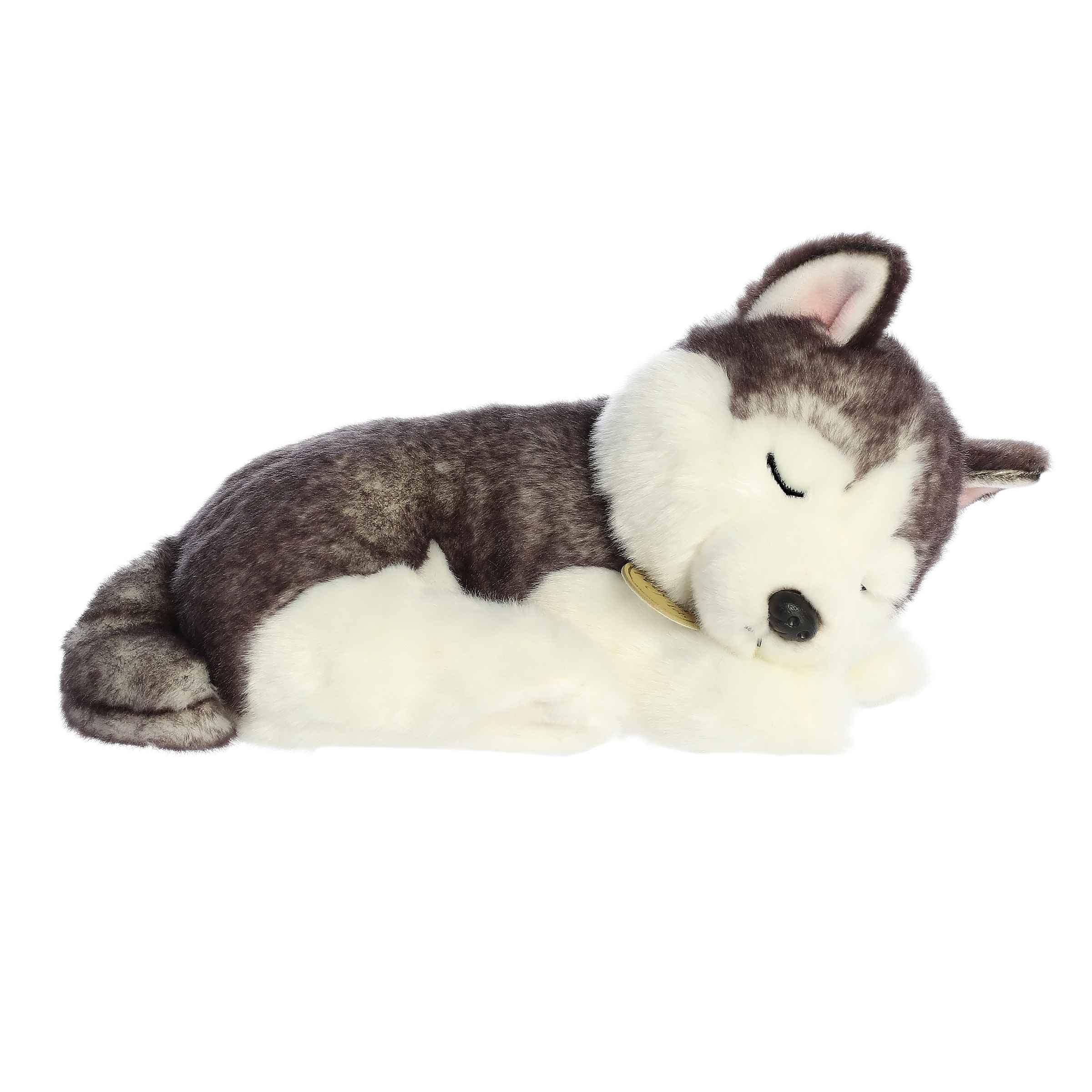 Charming Sleepy Husky Pup plush with thick fur, designed for safety and sustainability, ideal for cuddling.