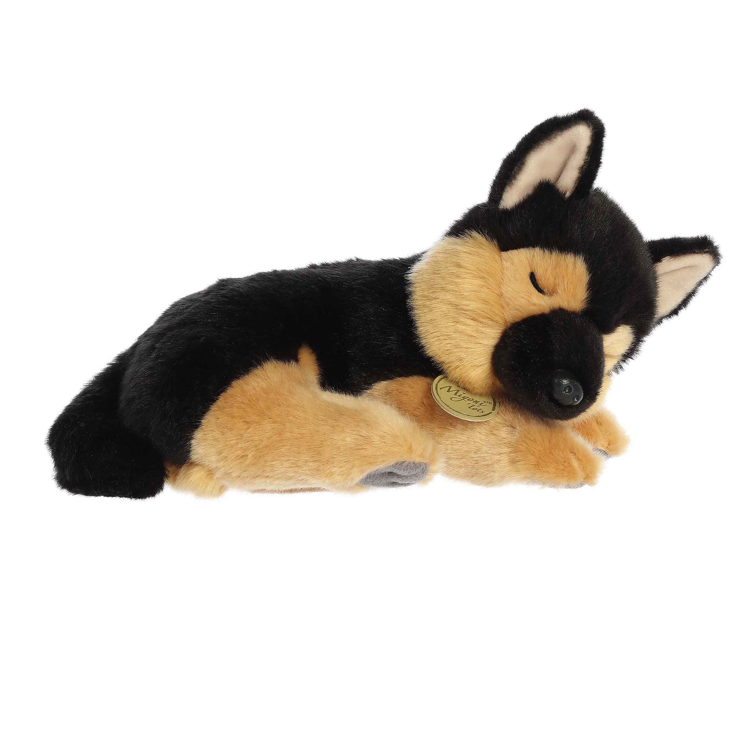 Soft and serene Sleepy German Shepherd plush, eco-friendly and perfect for learning or cuddling.