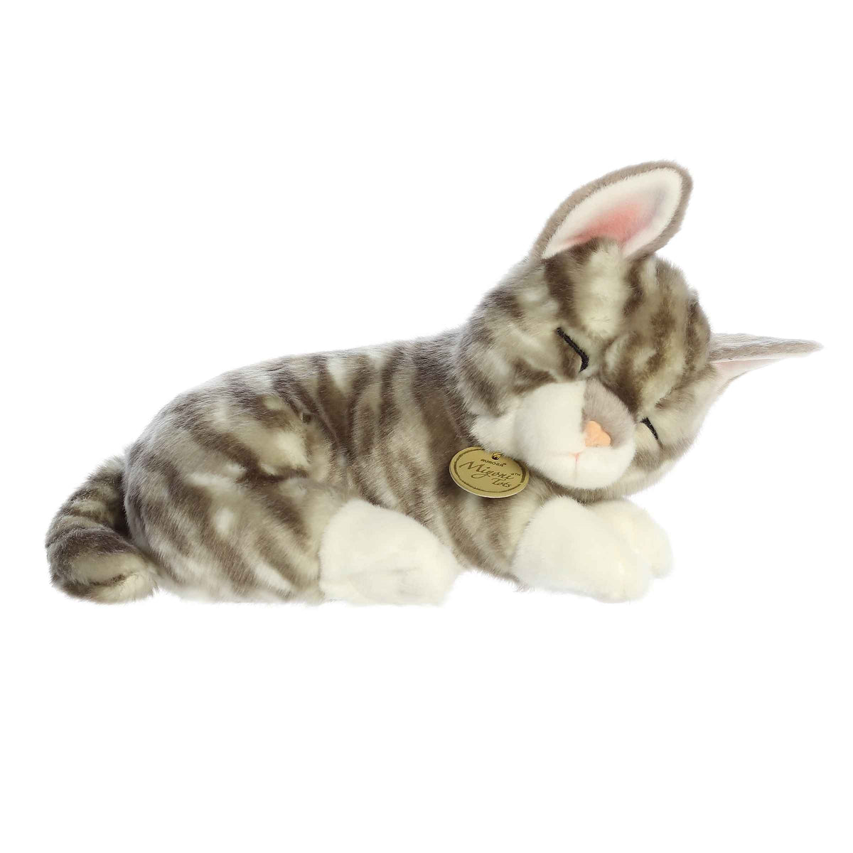 Realistic Sleepy Gray Tabby Kitten plush, eco-conscious and child-friendly, ideal for cat lovers and collectors.