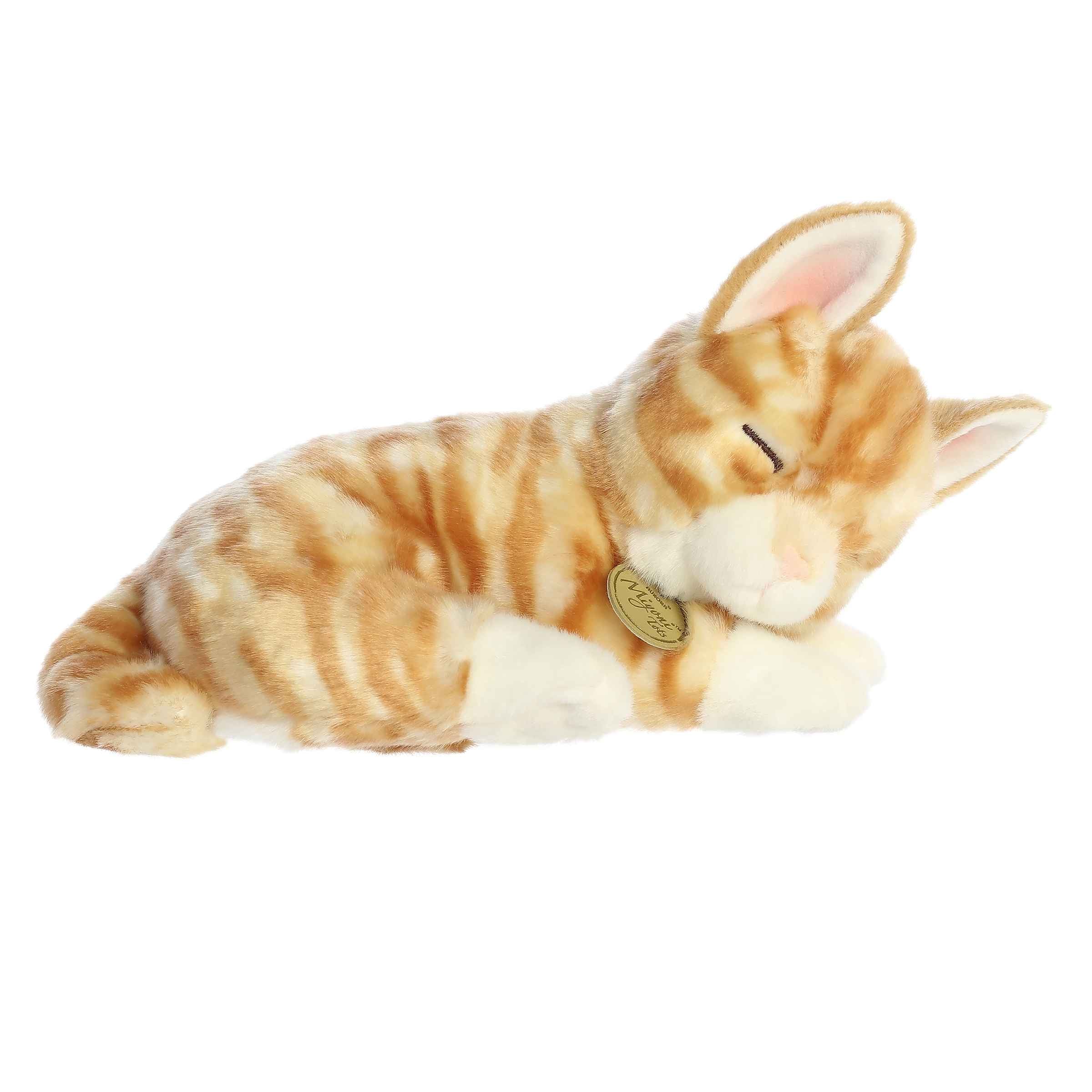 Lifelike and cuddly Sleepy Orange Tabby Kitten plush, ideal for learning and comfort at home.