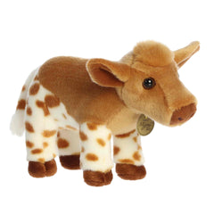 A soft cream and brown plush longhorn calf with spotted markings from Miyoni Tots by Aurora.