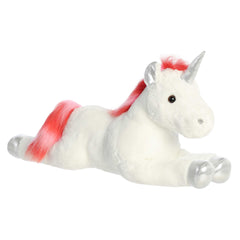 Unicorn plush from Aurora, with pink and red swirls, shimmering horn, and silvery hooves