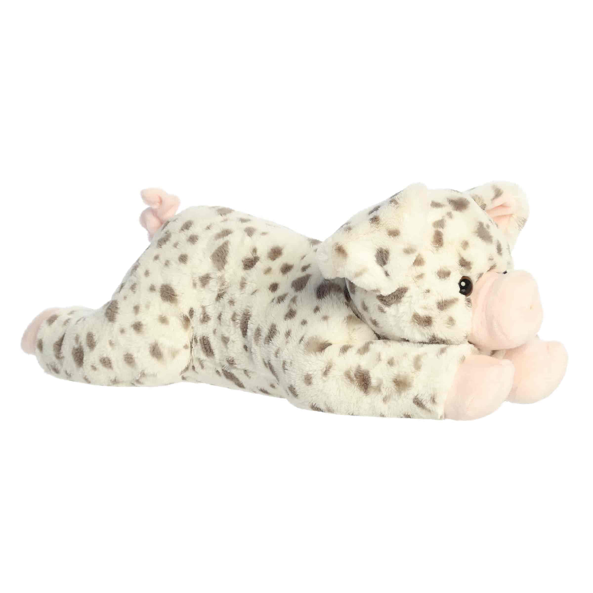 A large white plush pig with gray spots, pink hooves, and a friendly snout from Super Flopsie by Aurora.