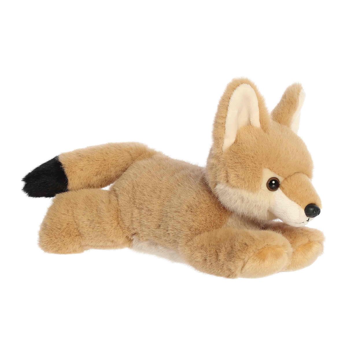A soft tan plush coyote with pointed ears and a floppy body from Flopsie by Aurora.