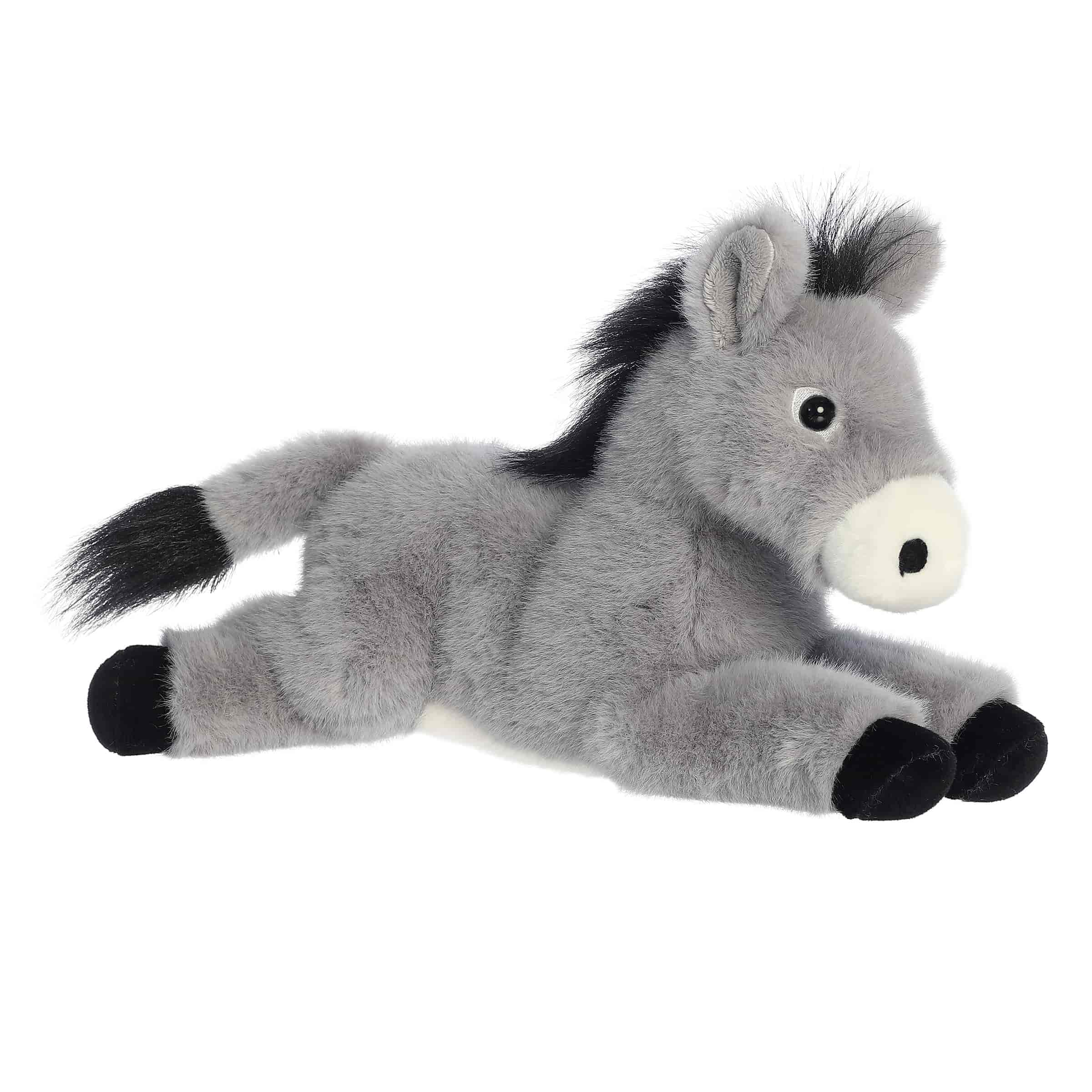 A soft gray plush donkey with dark accents and a floppy body from Flopsie by Aurora.
