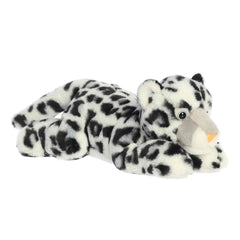 A soft white plush snow leopard with black spots and a floppy body from Flopsie by Aurora.