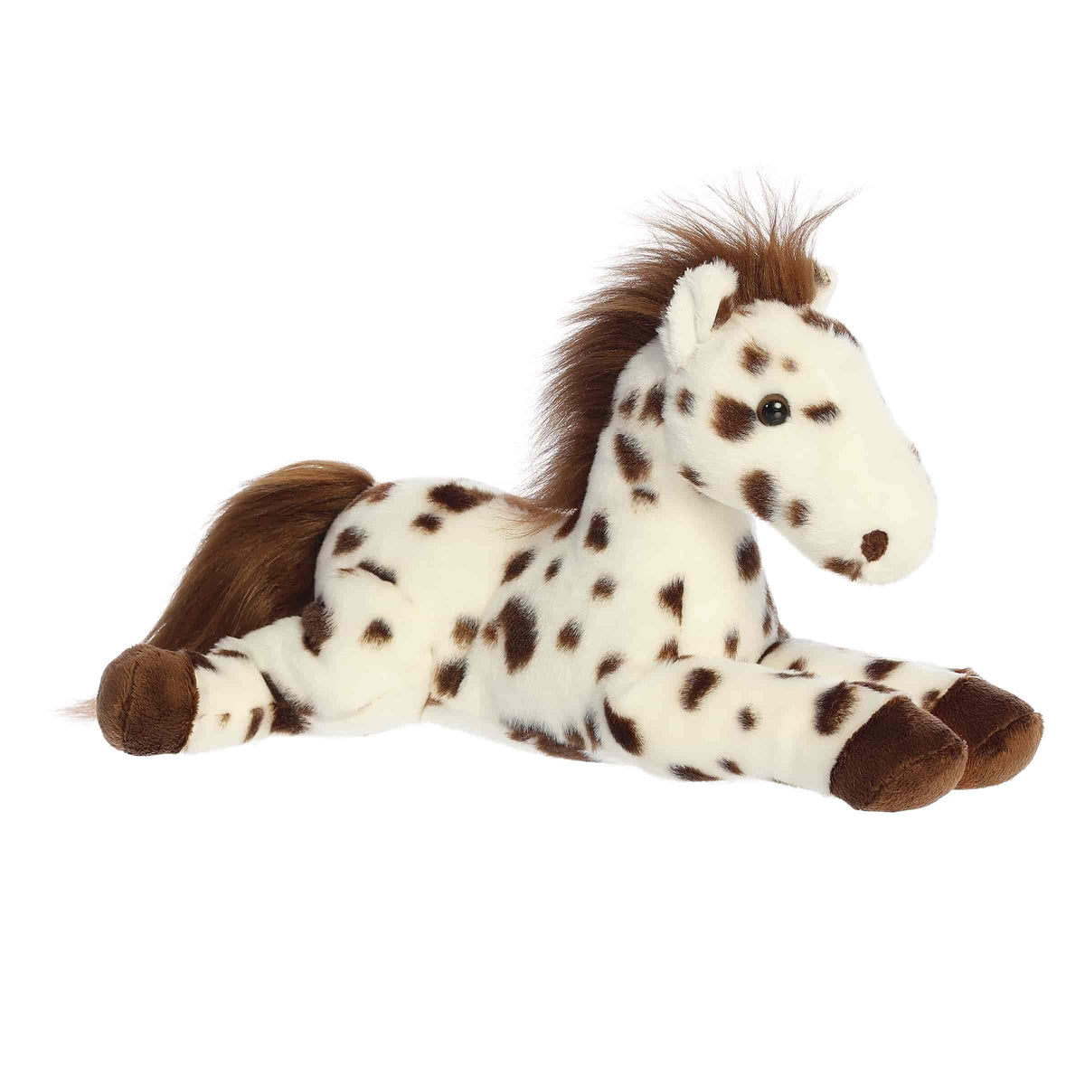 A soft white plush Appaloosa horse with brown spots and a floppy body from Flopsie by Aurora.