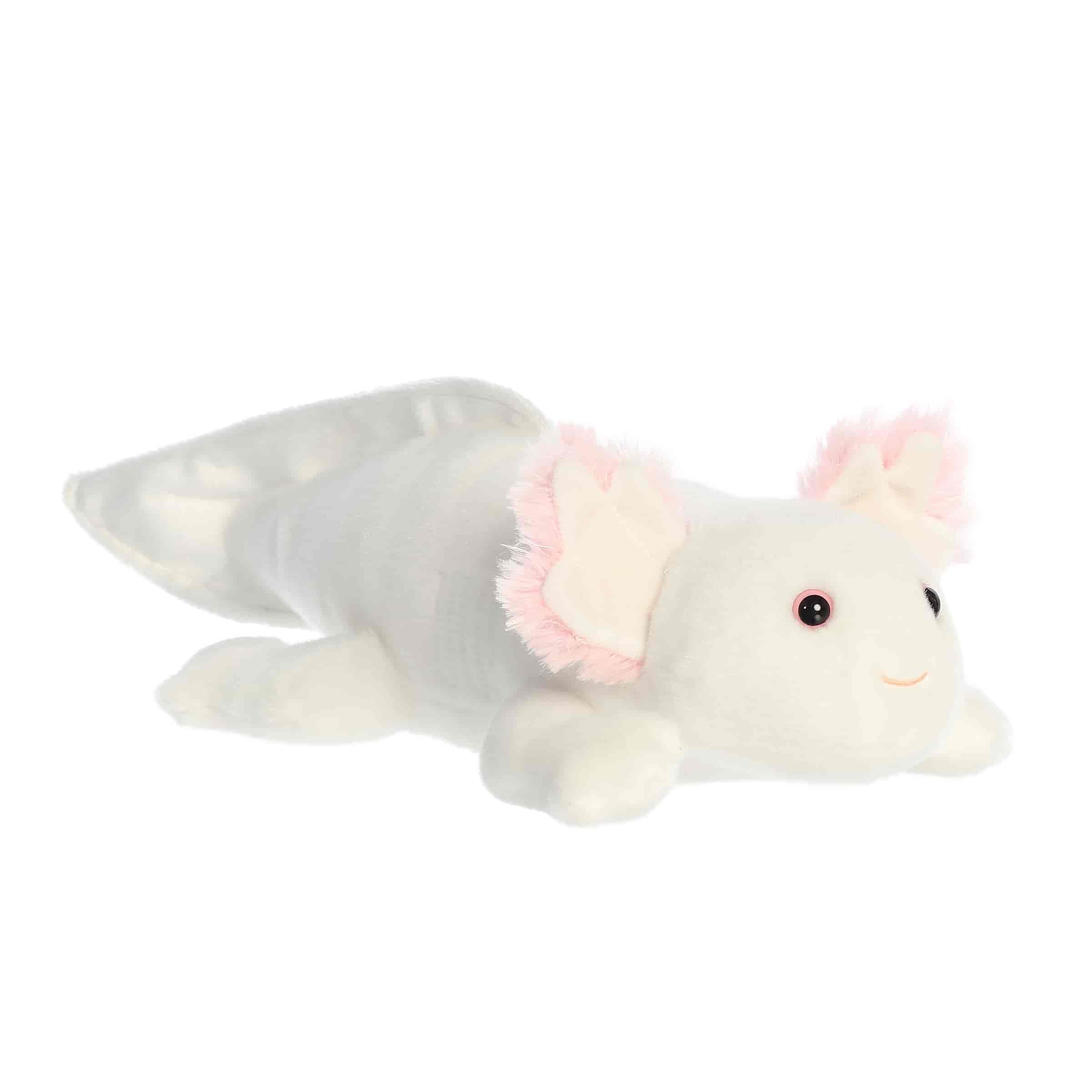 A soft white plush axolotl with pink feathery gills and a floppy body from Flopsie by Aurora.