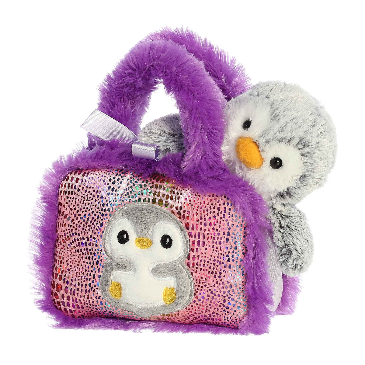 Aquarium Collection Penguin plush from Fancy Pals, nestled in a purple plush carrier