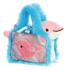 Aquarium Collection Dolphin plush from Fancy Pals, in a blue plush carrier with sea patterns.