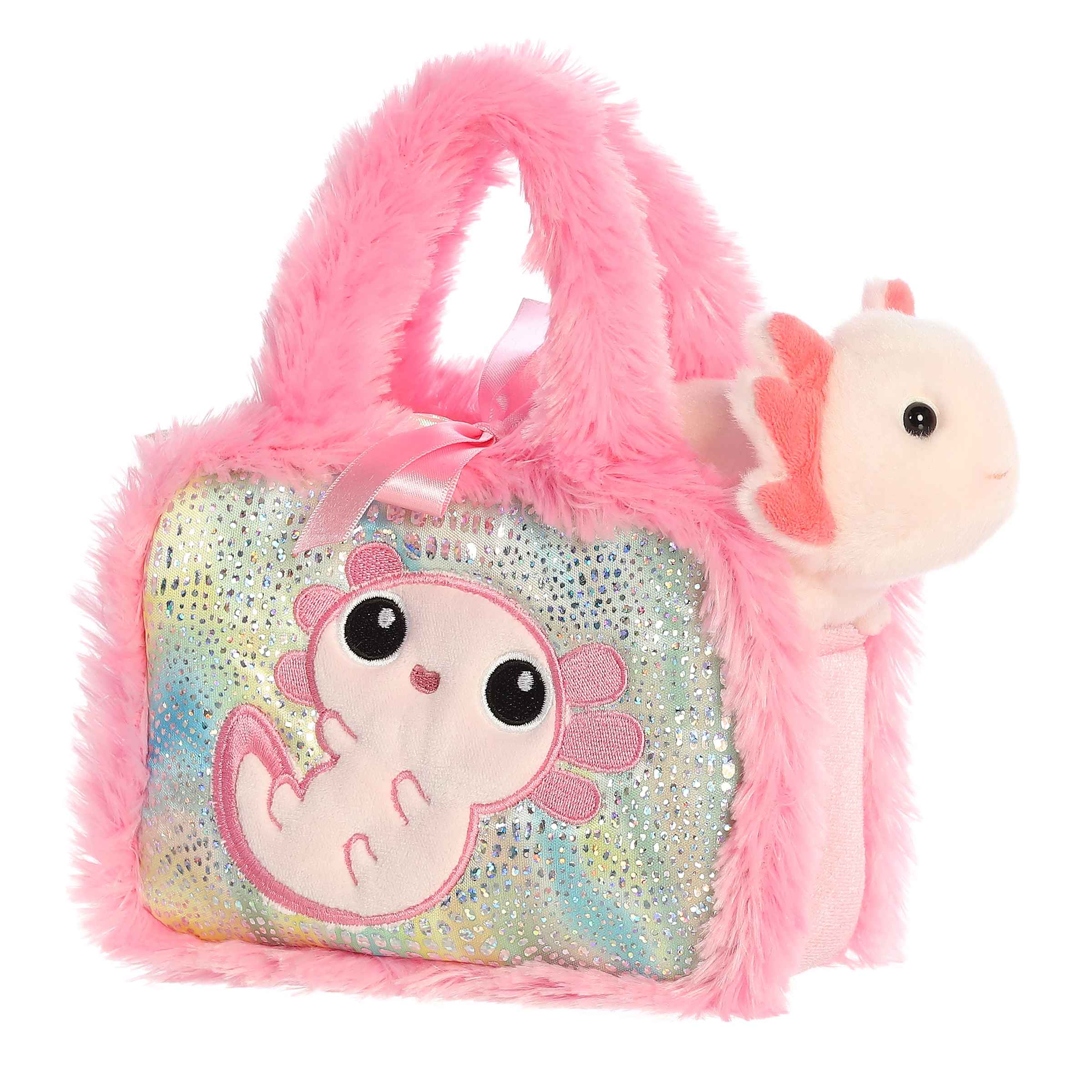 Aquarium Collection Axolotl plush from Fancy Pals, in a pink plush carrier with aquatic accents