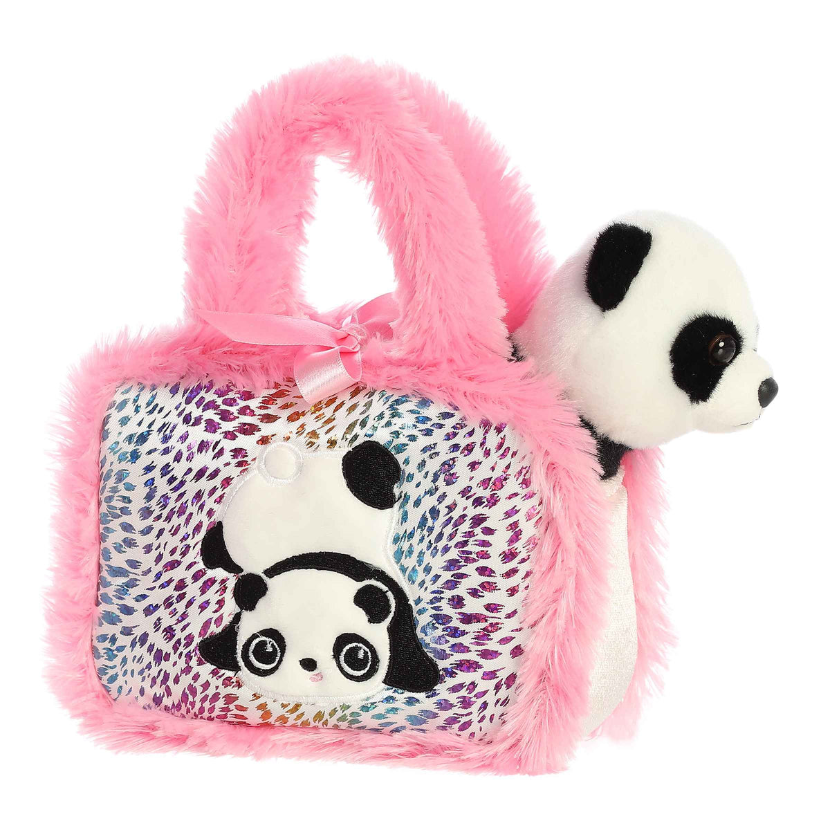 Zoo Collection Panda plush from Fancy Pals, tucked in a pink plush carrier with colorful patterns