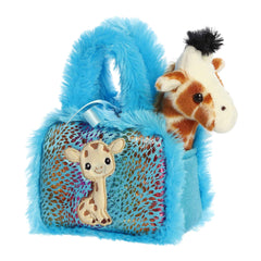 Zoo Collection Giraffe plush from Fancy Pals, nestled in a blue plush carrier with safari patterns